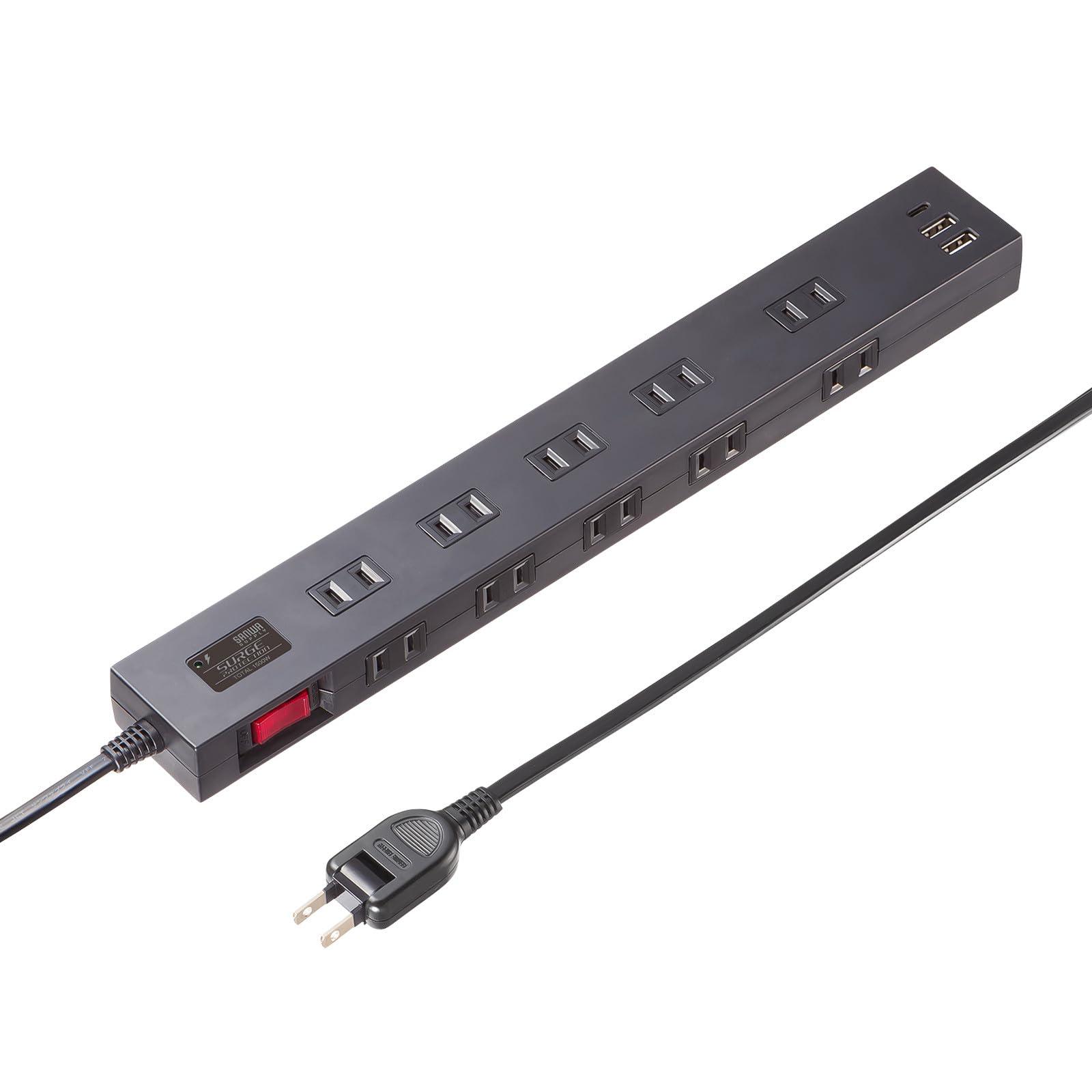 サンワサプライ 雷タップ 10個口+USB-A+Type-C(PD20W)ブラック・3m TAP-SP2110NUC-3BK