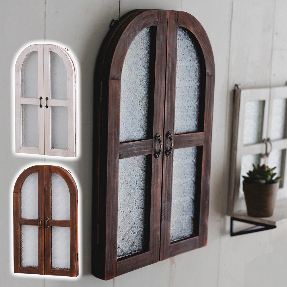 彩乃 ウッドウィンドゥアーチx2 木製丸窓枠 アンティークホワイト開閉