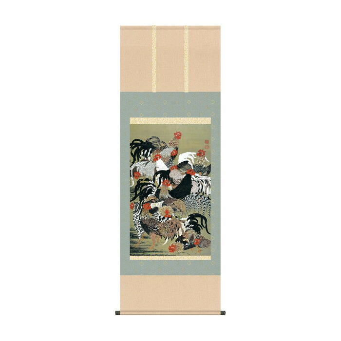 掛軸 伊藤若冲 群鶏図 54.5×153cm 洛彩緞子 表装 名画 掛け軸 飾り|PocketCompany 店
