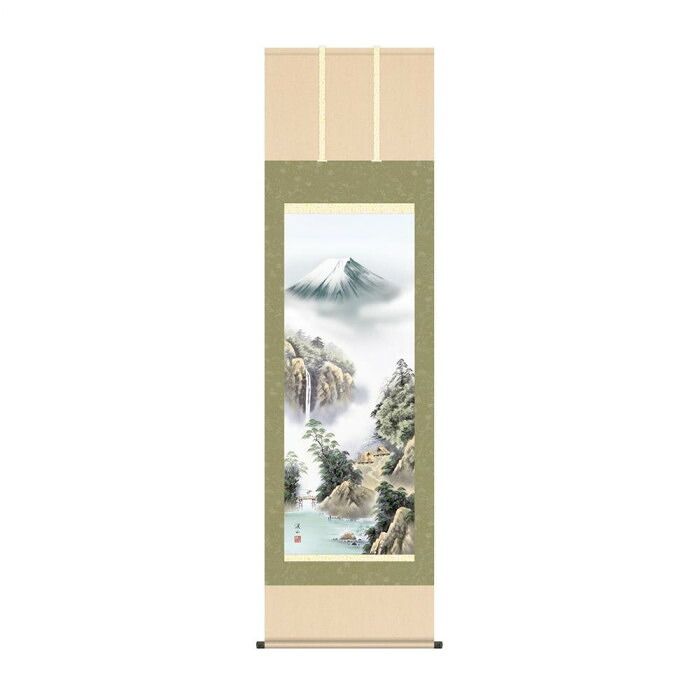 掛け軸 伊藤渓山 富士緑風 日本の美 洛彩緞子 風景画 インテリア 190cm|PocketCompany 店