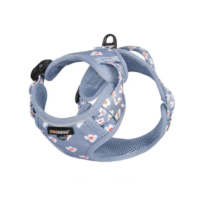 犬用ハーネス ベスト型 Mサイズ 水色 花柄 メッシュパッド付 ストレス軽減