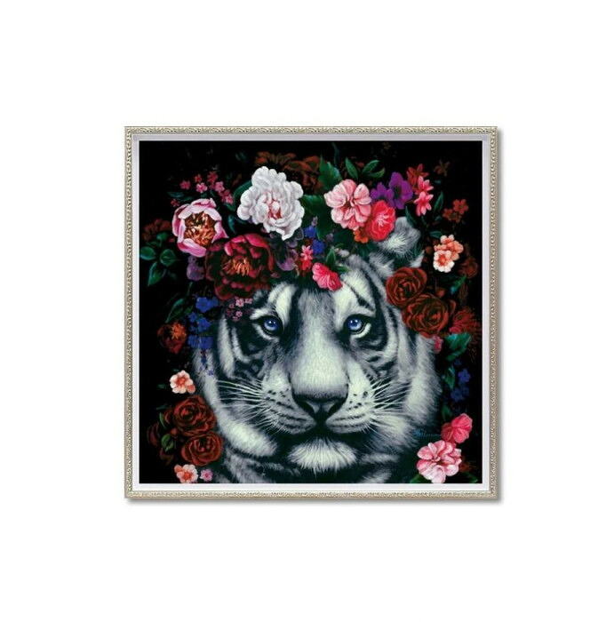 オイルペイントアート フラワータイガー Mサイズ 虎 手描き ハンドペイント 額付