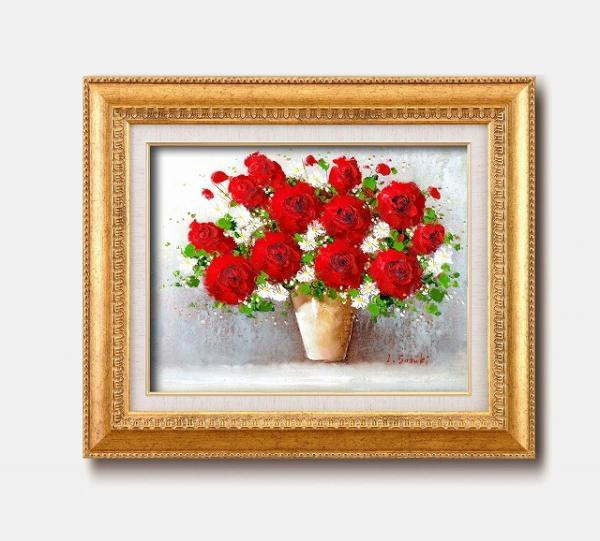 油絵 額縁入り F6号 赤いバラ 鈴木郁夫 肉筆画 豪華フレーム 贈り物