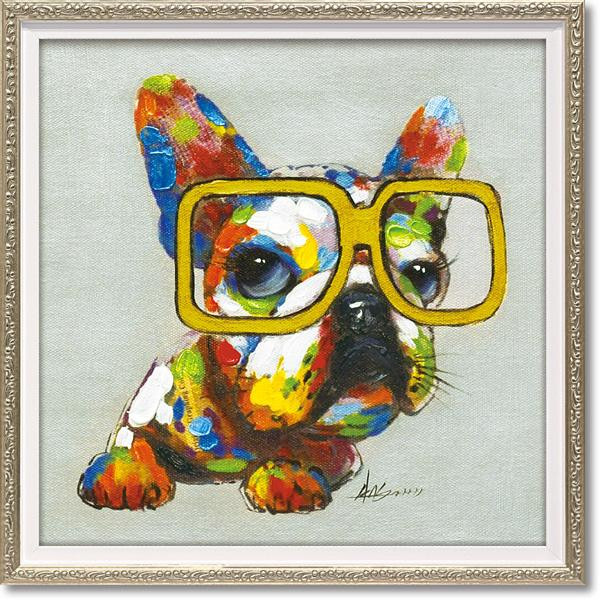 アートパネル オイルペイント アート 犬 メガネ Sサイズ 壁掛け モダン 絵画