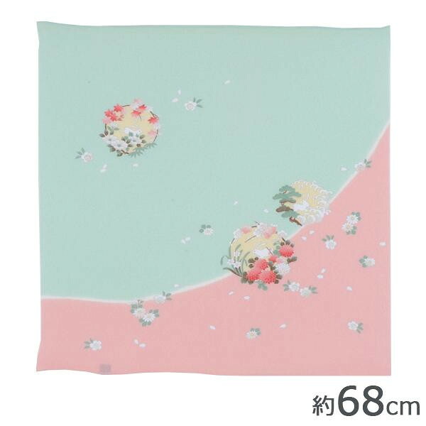 風呂敷 正絹ちりめん 二巾 友禅 花の丸にうさぎ サクラ色 絹100% 約68糎