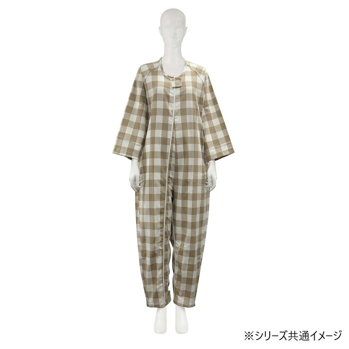 介護用つなぎねまき チェックベージュ S 厚手 アイデアホック 丈夫 フドーねまき