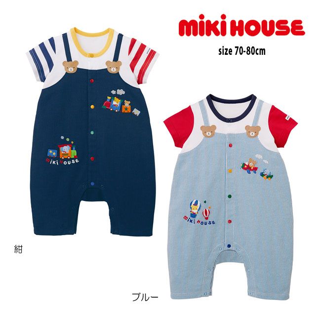 待望 ミキハウス mikihouse オーバーオール風 ショートオール 70cm 80cm 半袖 7分丈 動物 刺繍 男の子 新生児 ベビー  fucoa.cl