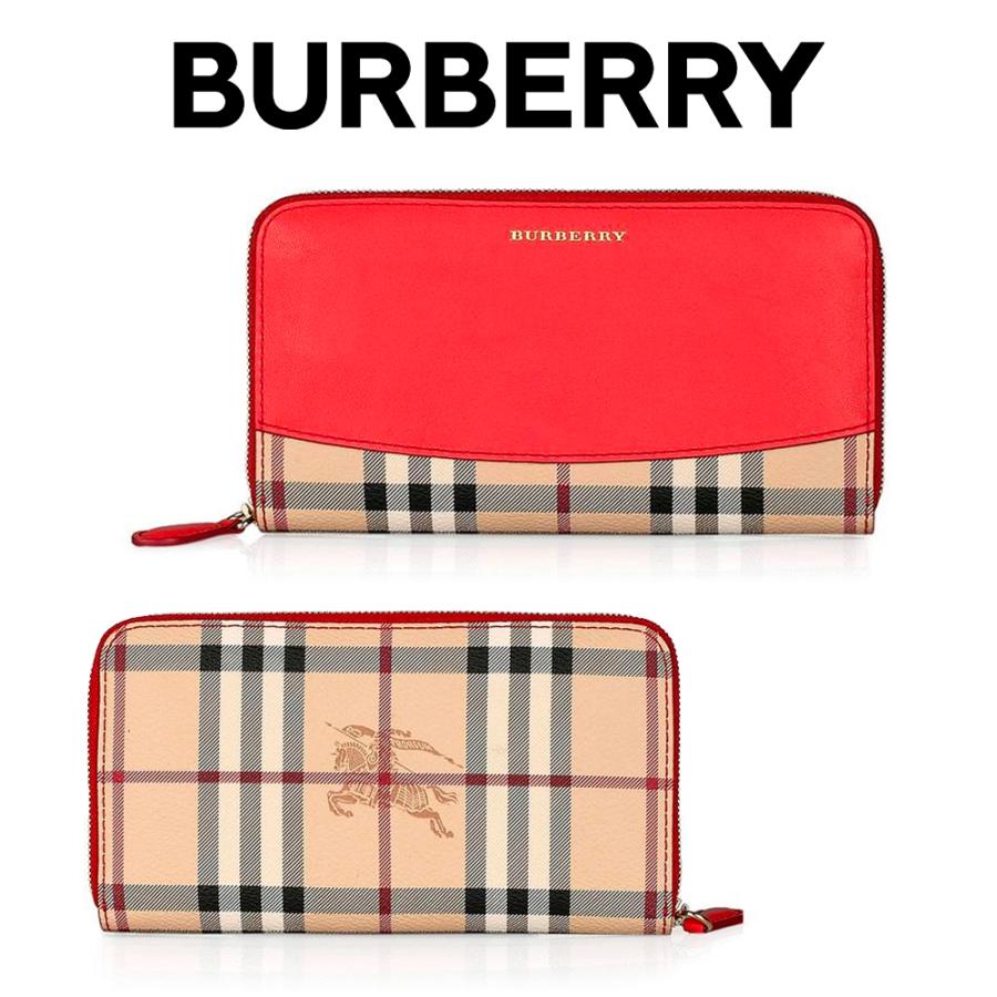 Burberry Elmore Haymarket Check and Coral Red Leather Ladies Long Wallet  3930325