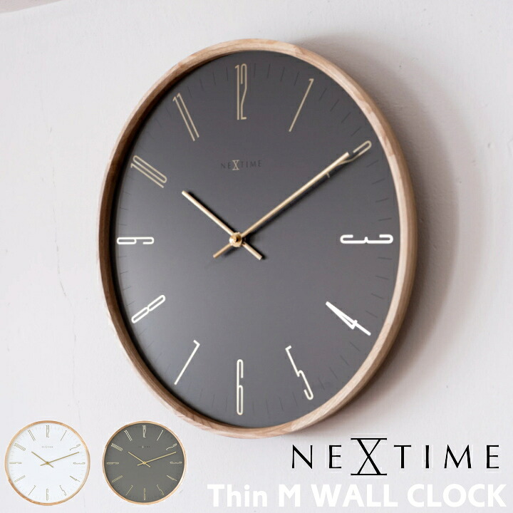 NEXTIME 掛け時計 ネクスタイム 壁掛け時計 ウォールクロック THIN-M シン エム 時計 おしゃれ 連続秒針 静音 静か 音がしない スイープムーブメント リビング 書斎 寝室 人気 北欧 モダン 高級感 ウッド ビンテージ ホワイト グレー NXT-J008 NXT-J009｜家具インテリア雑貨POINT
