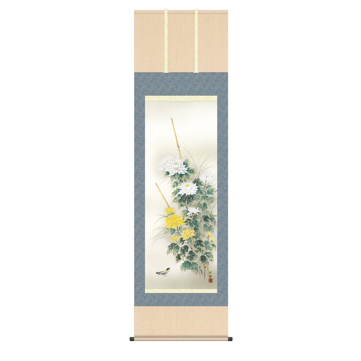 掛軸 日本画 床の間 送料無料 掛け軸 現代作家 花鳥画 季節飾り 秋掛け菊花(きくか) 高精彩複製画