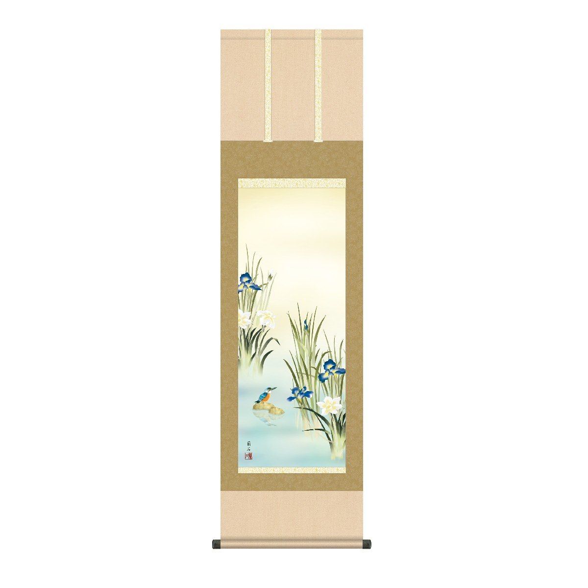 掛軸 日本画 床の間 送料無料 掛け軸 現代作家 花鳥画 季節飾り 夏掛け菖蒲にかわせみ(しょうぶにかわせみ) 高精彩複製画|季節の和雑貨 京都 和匠ポラーコ