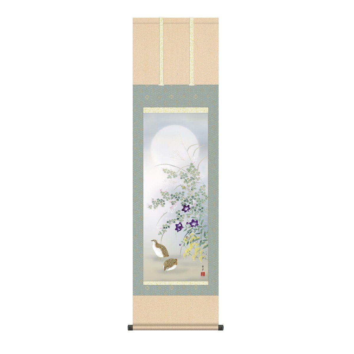 掛軸 日本画 床の間 送料無料 掛け軸 現代作家 花鳥画 季節飾り 秋掛け秋草に鶉(あきくさにうずら) 高精彩複製画｜季節の和雑貨　京都 和匠ポラーコ