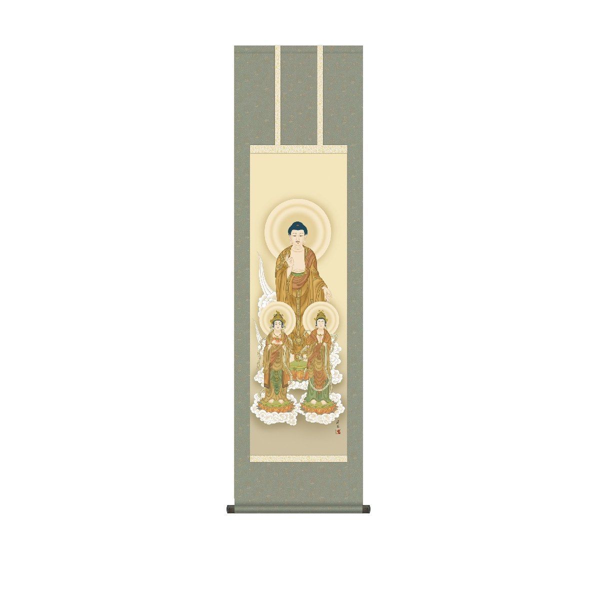 掛軸 無銘『阿弥陀三尊』佛画 仏画 豪華金襴表装 絹本 美品 箱付 掛け軸 p-kz2me1-k149.jpg