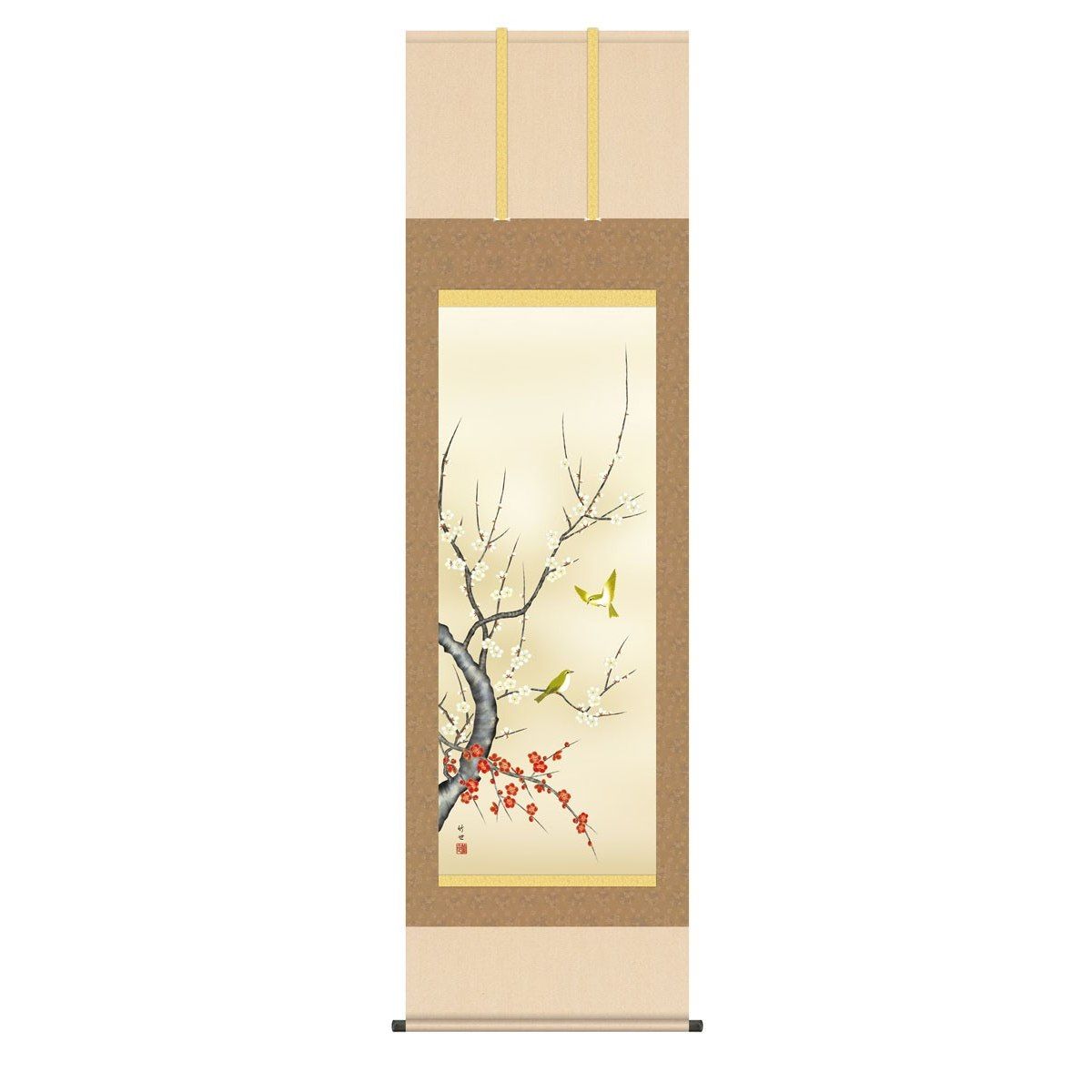 掛軸 日本画 床の間 送料無料 掛け軸 現代作家 花鳥画 季節飾り 春掛け 紅白梅に鶯こうはくばいにうぐいす 高精彩複製画