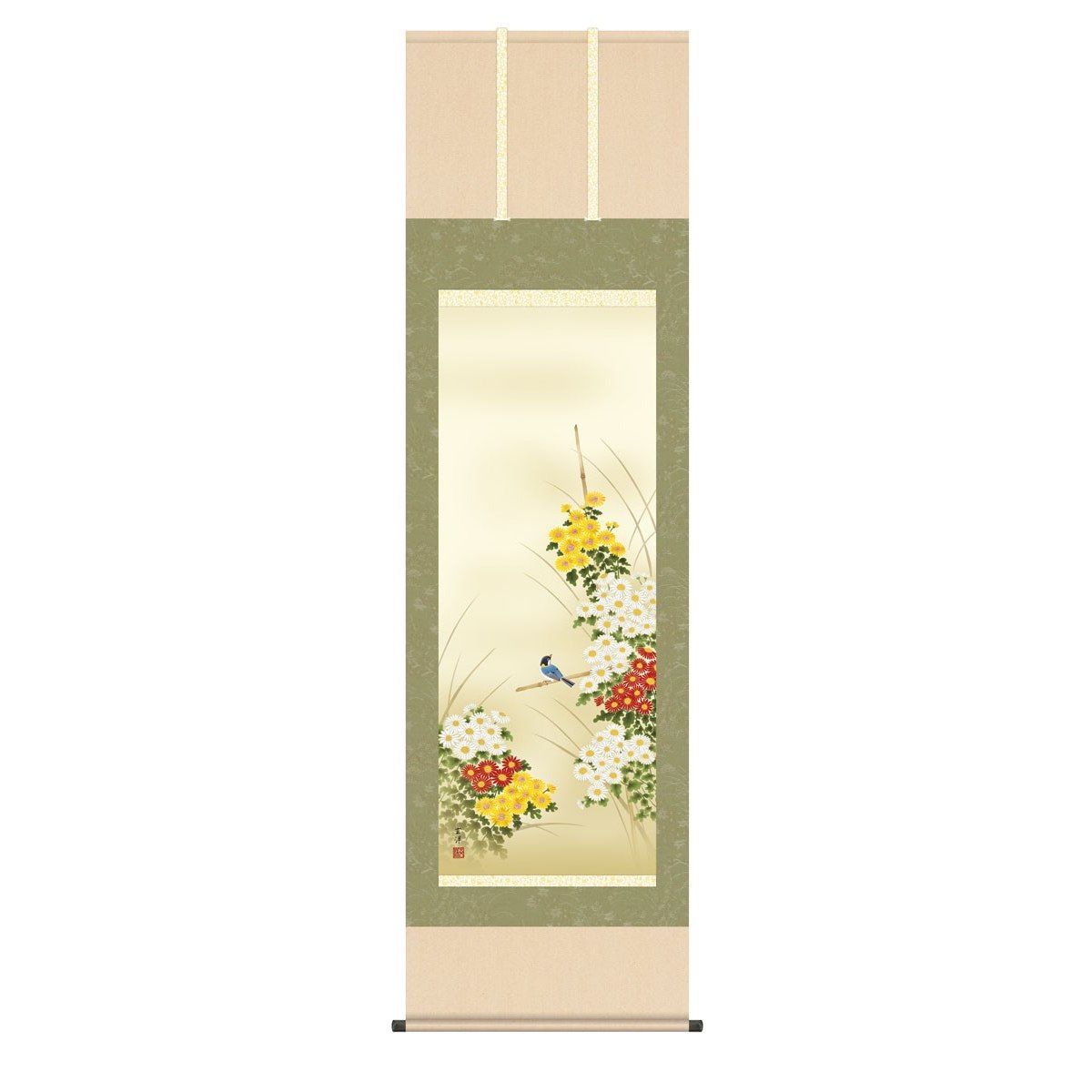 掛軸 日本画 床の間 送料無料 掛け軸 現代作家 花鳥画 季節飾り 秋掛け 菊花きくか 高精彩複製画