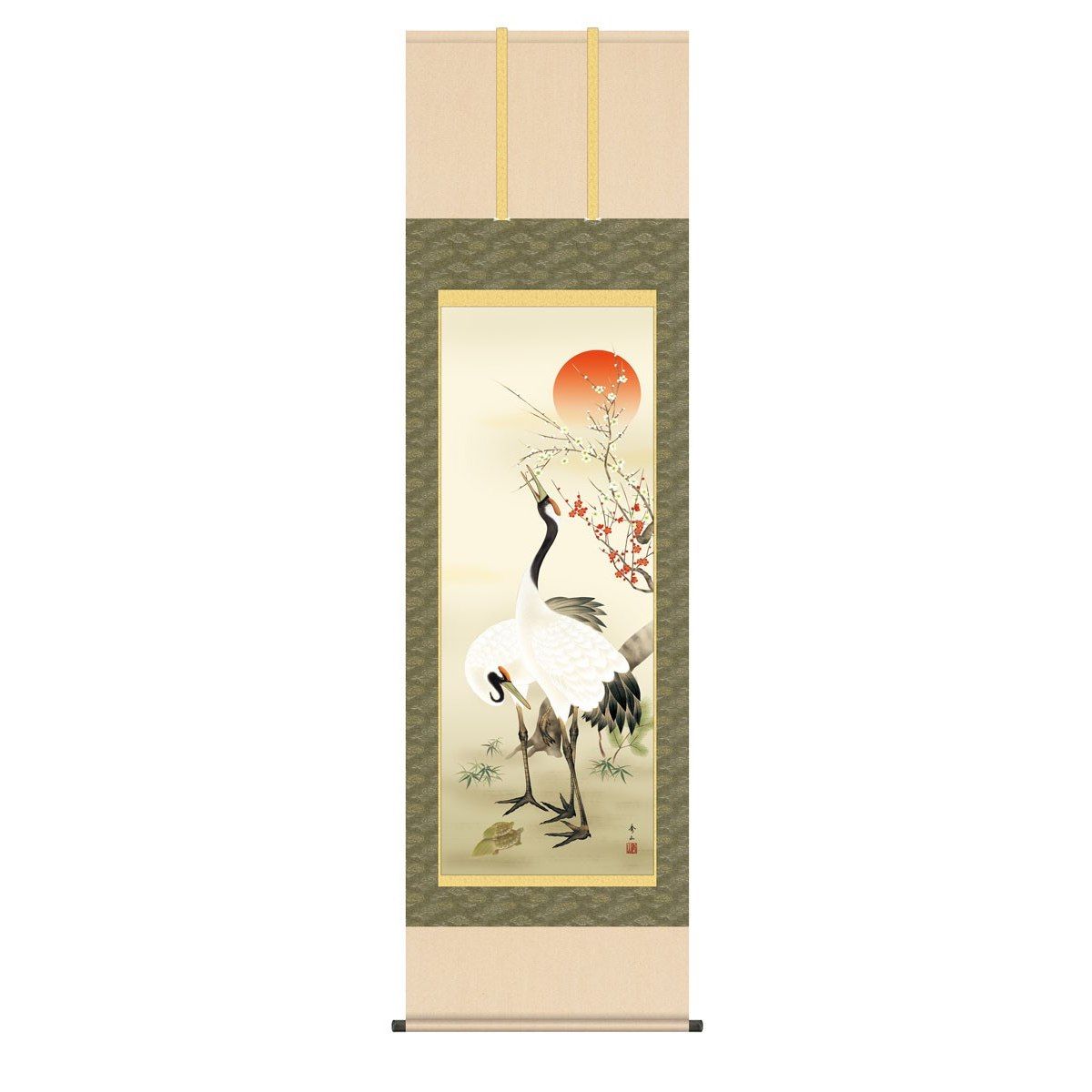 真作/江月/松上双鶴図/日ノ出/松/花鳥/桐共箱付/布袋屋掛軸A-586 真作/江月/松上双鶴図/日ノ出/松/花鳥/桐共箱付/