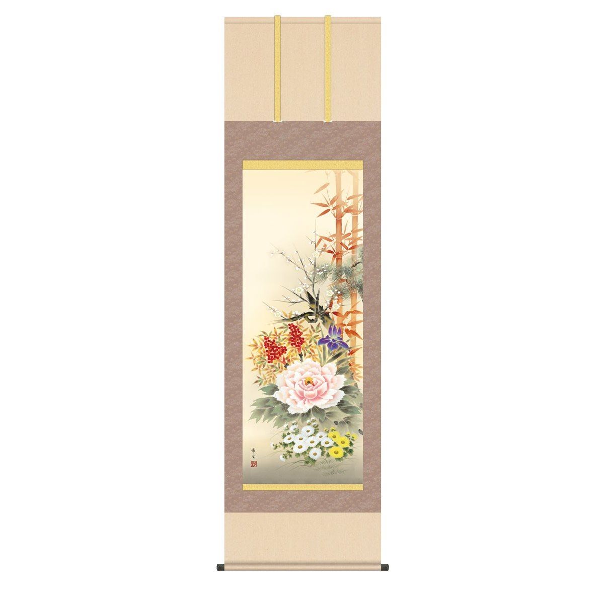 掛軸 日本画 床の間 送料無料 掛け軸 現代作家 開運画 慶事飾り 四季花吉祥競艶図(しきばなきっしょうきょうえんず） 高精彩複製画