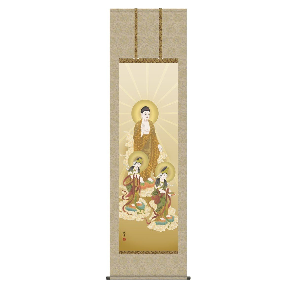 掛軸 無銘『阿弥陀三尊』佛画 仏画 豪華金襴表装 絹本 美品 箱付 掛け軸 掛軸 無銘『阿弥陀三尊』佛画 仏画 豪華金襴表装 絹本 美品 箱付