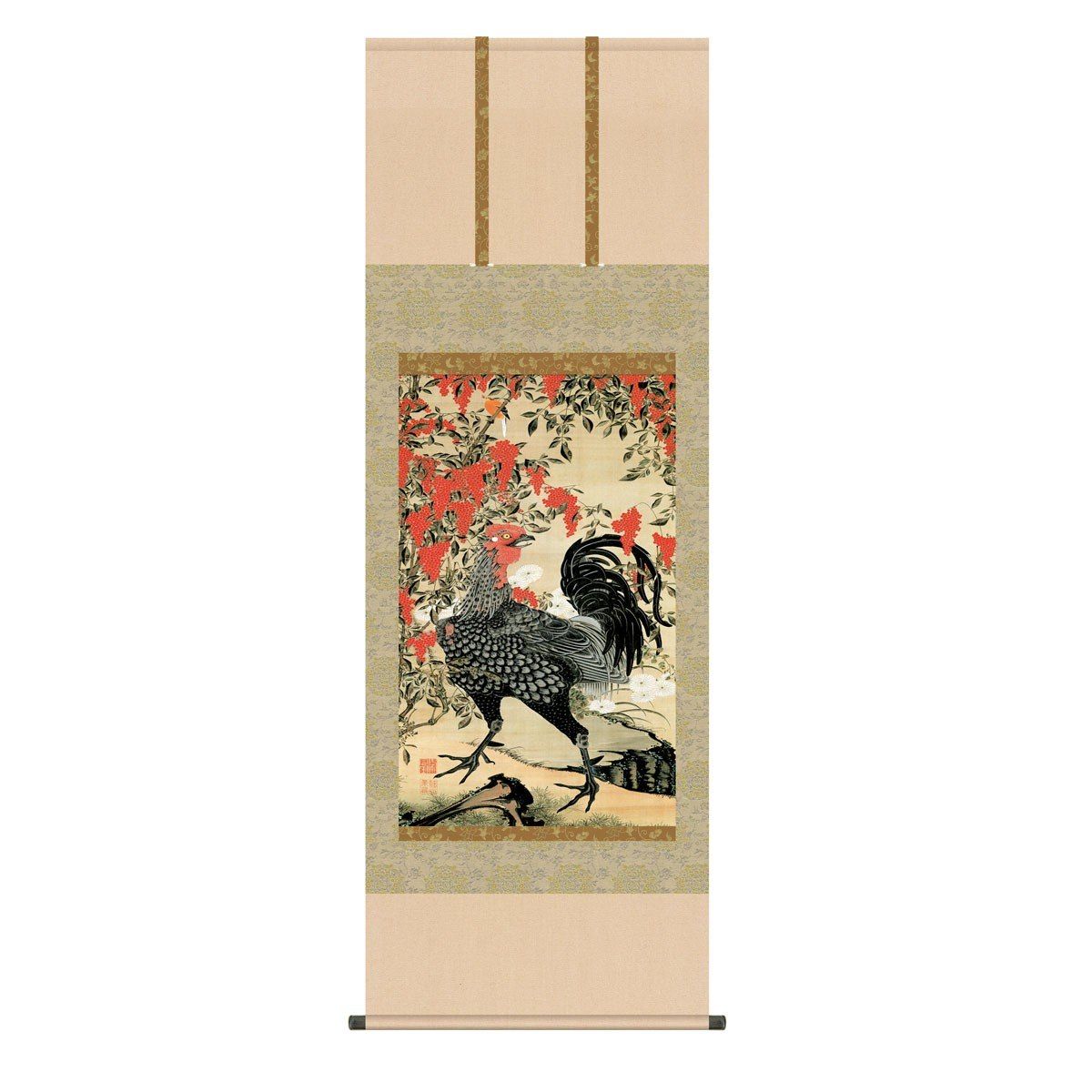 伊藤若冲 日本の巨匠 掛軸 日本画 床の間 送料無料 掛け軸 名画複製画 南天雄鶏図(なんてんゆうけいず) 高精彩複製画｜季節の和雑貨　京都 和匠ポラーコ
