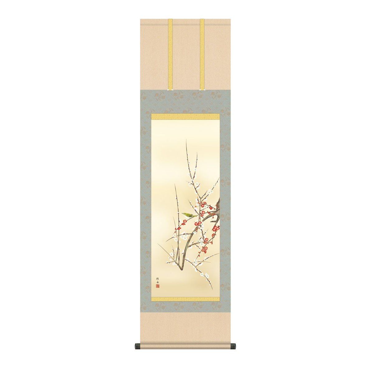 掛軸 日本画 床の間 送料無料 掛け軸 現代作家 花鳥画 季節飾り 春掛け 紅白梅に鶯(こうはくばいにうぐいす) 高精彩複製画｜季節の和雑貨　京都 和匠ポラーコ