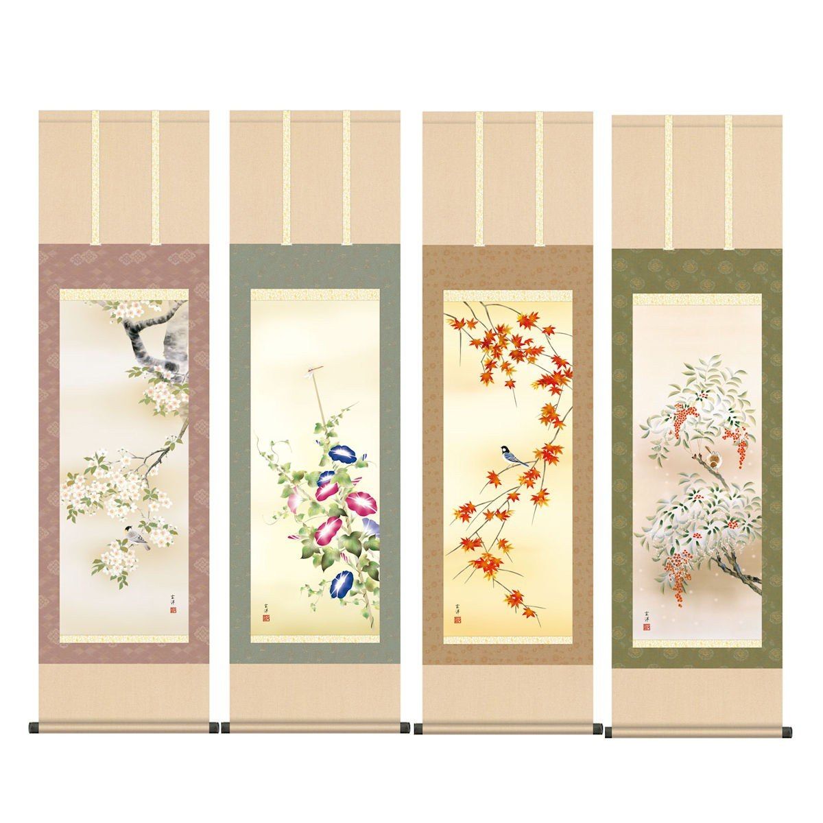 掛軸 日本画 床の間 送料無料 掛け軸 現代作家 花鳥画 季節飾り 四季セット 四季咲彩(しきしょうさい) 高精彩複製画