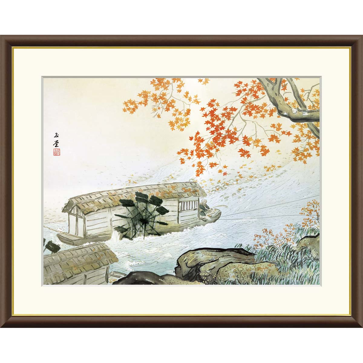 川合玉堂作　工芸画　釣人図　額装　箱付　C　4312C 川合玉堂作 日本の名画 筏