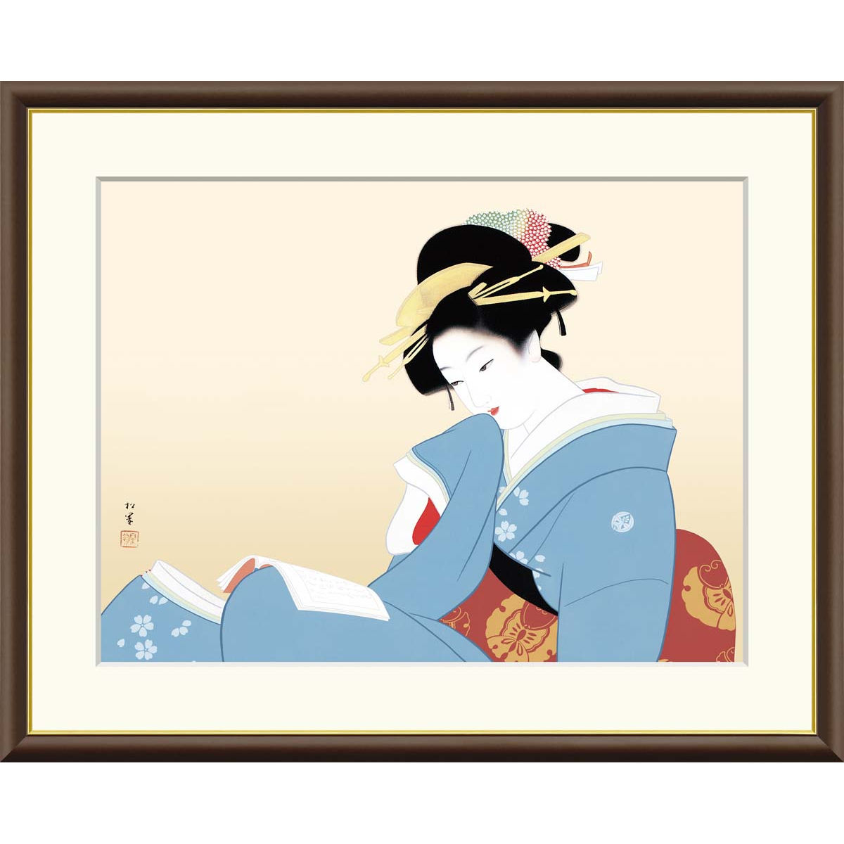 絵画 日本の名画  つれづれ 上村松園 額入り インテリア アート 額絵 高精彩複製画 送料無料