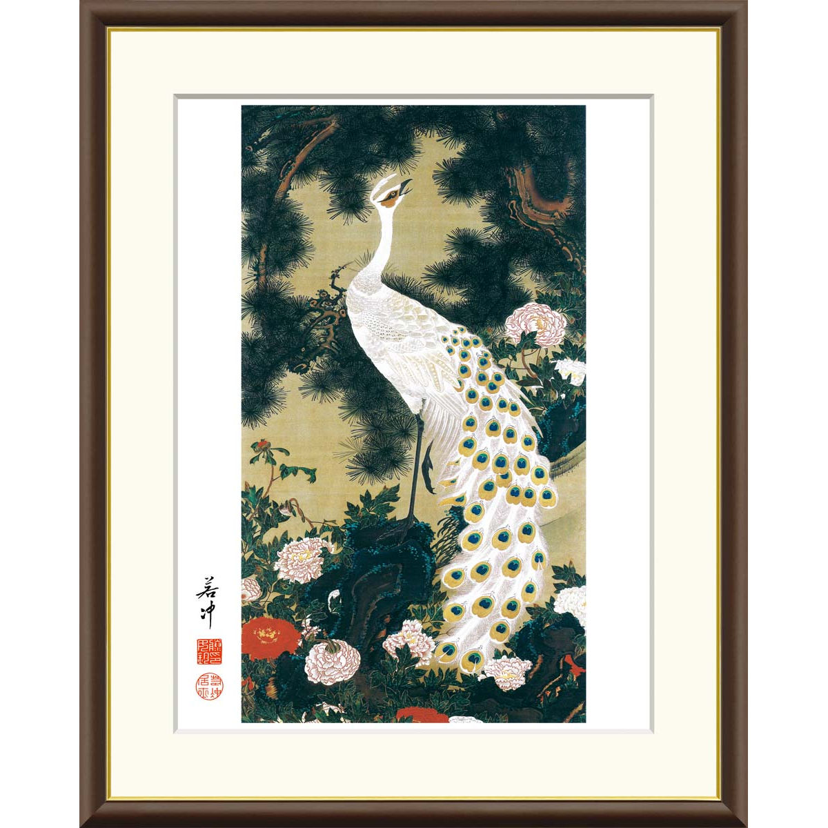 伊藤若冲 白孔雀図 印刷工芸品 日本画 掛け軸 掛軸 茶掛 コロタイプ長型はがき〈孔雀図(寿老人・孔雀・菊図のうち)〉伊藤
