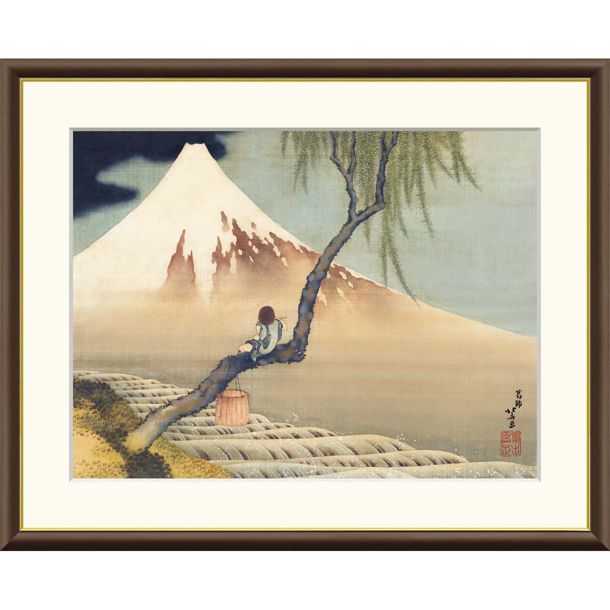絵画 日本の名画  富士と笛吹童図 葛飾北斎 額入り インテリア アート 額絵 高精彩複製画 送料無料