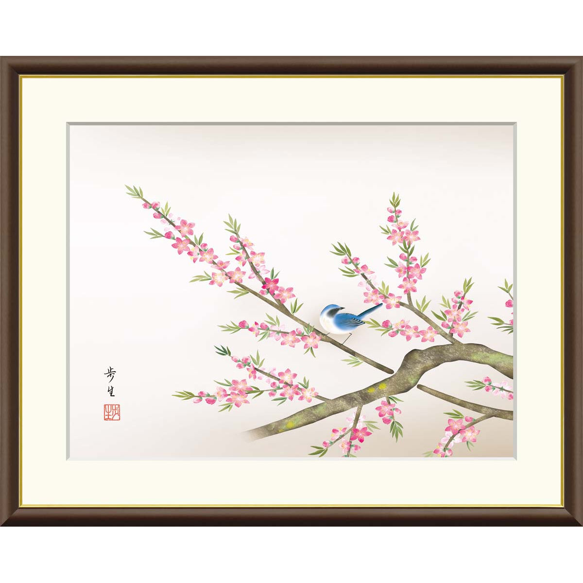 絵画 現代日本画 花鳥画 春飾り 桃花に小鳥 北山歩生 額入り インテリア アート 額絵 高精彩複製画 送料無料