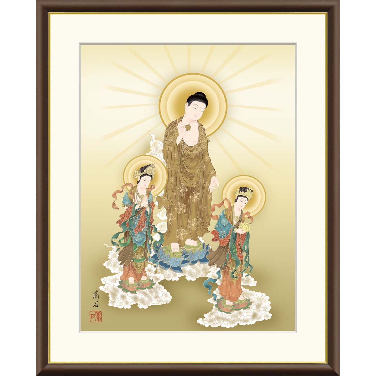 絵画 現代日本画 仏事関連画 阿弥陀三尊佛 高見蘭石 額入り インテリア アート 額絵 高精彩複製画 送料無料