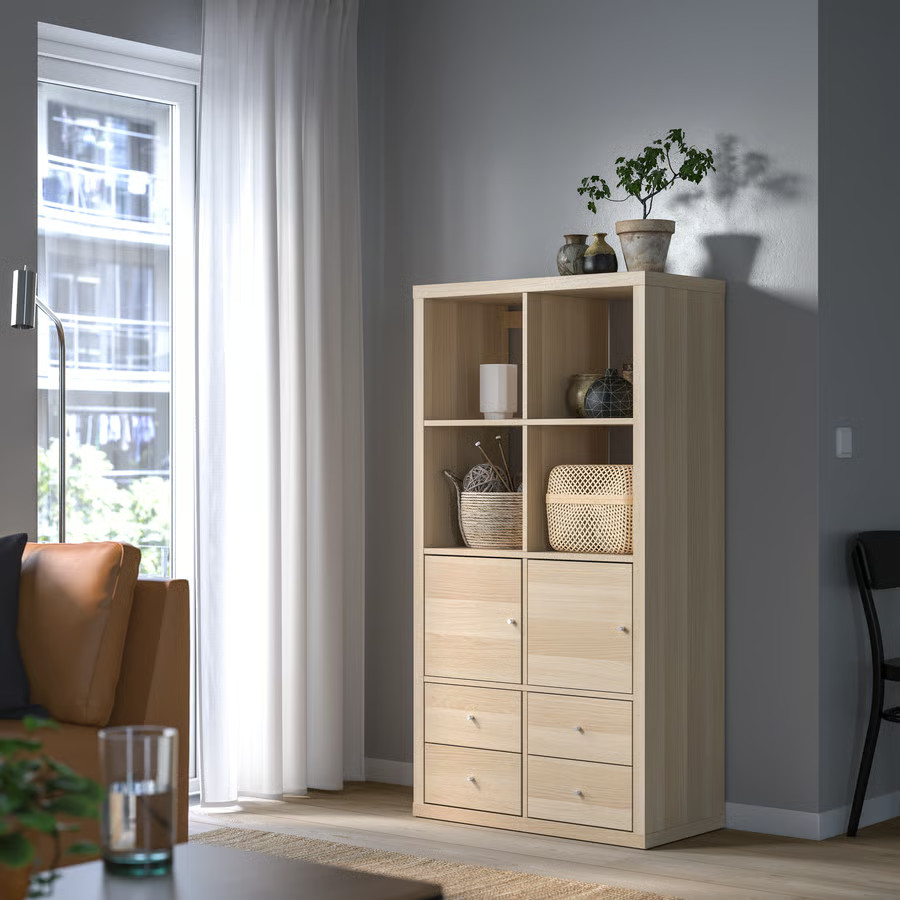 【 IKEA - イケア -】 棚 KALLAX - カラックス - オープンシェルフ 引き出しインサート/扉付 ホワイトステインオーク調 147x77 cm (091.975.73) 本棚|Shop-Polori 店