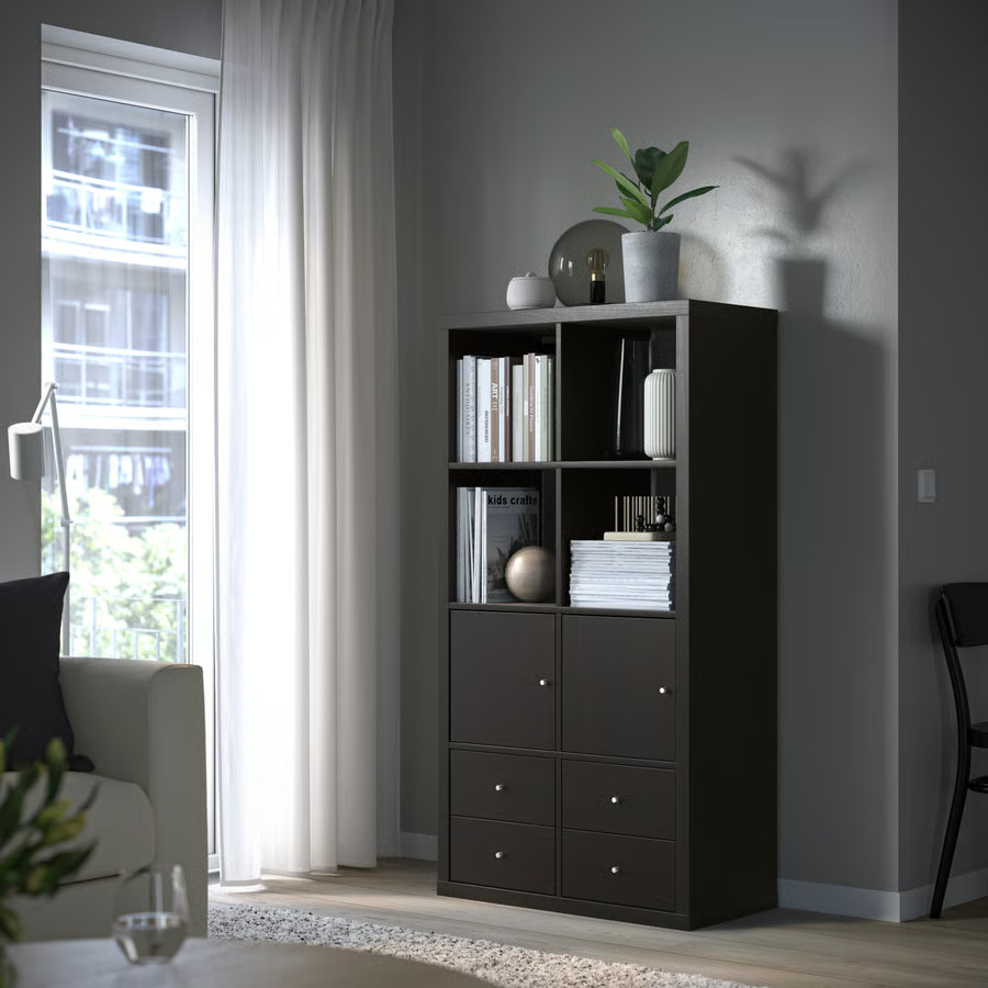 【 IKEA - イケア -】 棚 KALLAX - カラックス - オープンシェルフ 引き出しインサート/扉付 ブラックブラウン 147x77 cm (992.783.05) 本棚｜Shop-Polori 店