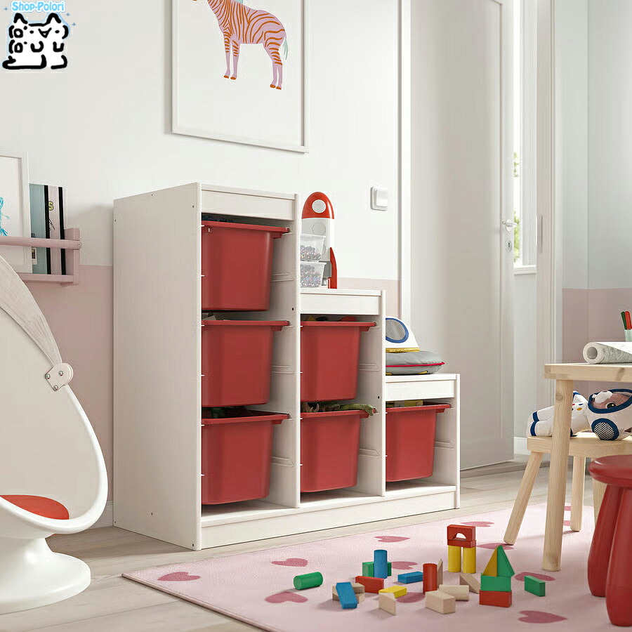 【 IKEA - イケア -】TROFAST - トロファスト - 収納コンビネーション 多段フレーム (階段型) BOX付き 組み合わせ収納 オープン収納 棚 / ホワイト / レッドBOX 94x44x91 cm (596.066.53)｜Shop-Polori 店