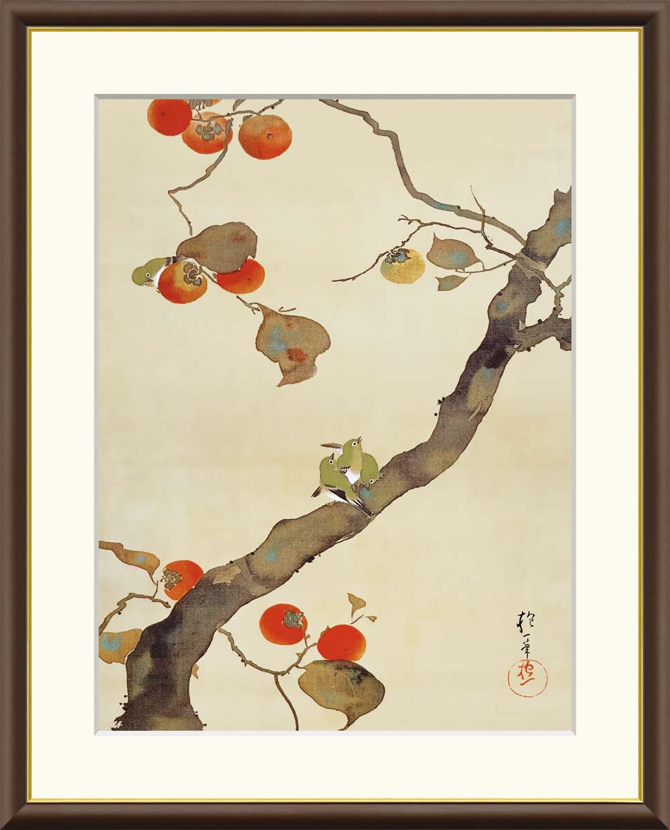 真作/石井金陵/柿に小禽図/柿の実小鳥/花鳥図/掛軸☆宝船☆AG-251 真作/石井金陵/柿に小禽図/柿の実小鳥/花鳥図/掛軸