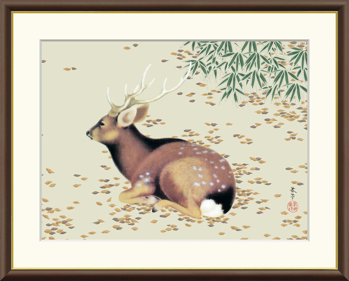 美品 2039 菱田春草 「秋溪図」 絹本 日本画 掛軸 禅語 工芸印刷 菱田春草 絵画 落葉・左隻 【複製】【美術印刷】【巨匠】【横長