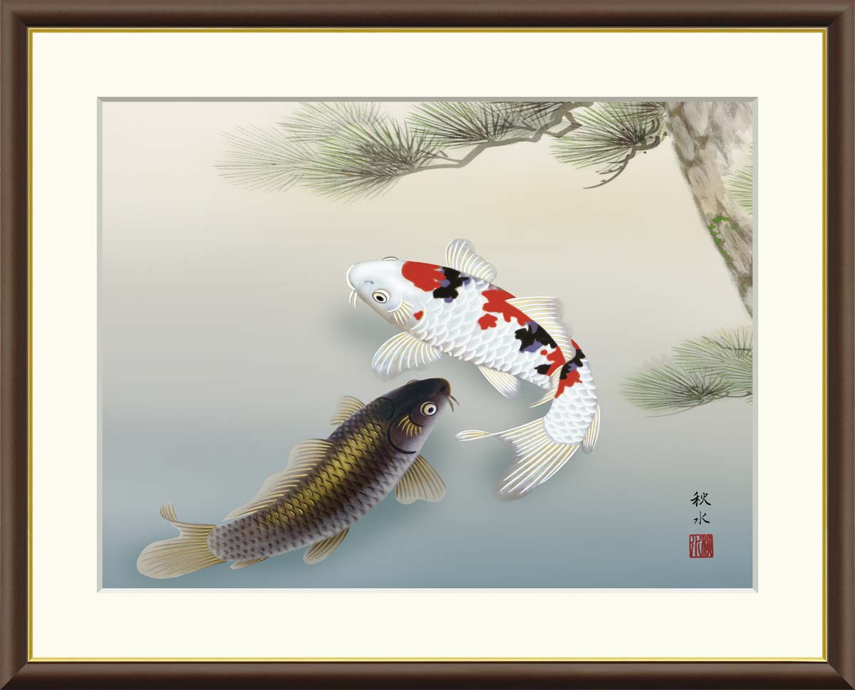 恵比寿　鯉　飾り絵　額縁　彫金　春山謹言　開運　縁起物　骨董品　昭和 楽天市場】縁起画【昇り鯉・夫婦鯉】3サイズ：F8（61×49.5cm）F6（52