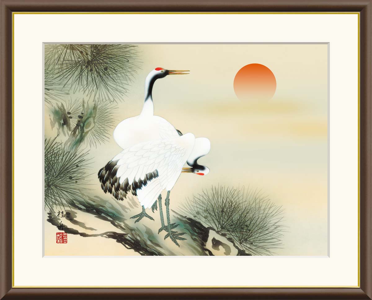 【インテリアアート・複製画】松上双鶴 長江桂舟 52&times;42cm F6サイズ 樹脂製フレーム｜Shop-Polori 店
