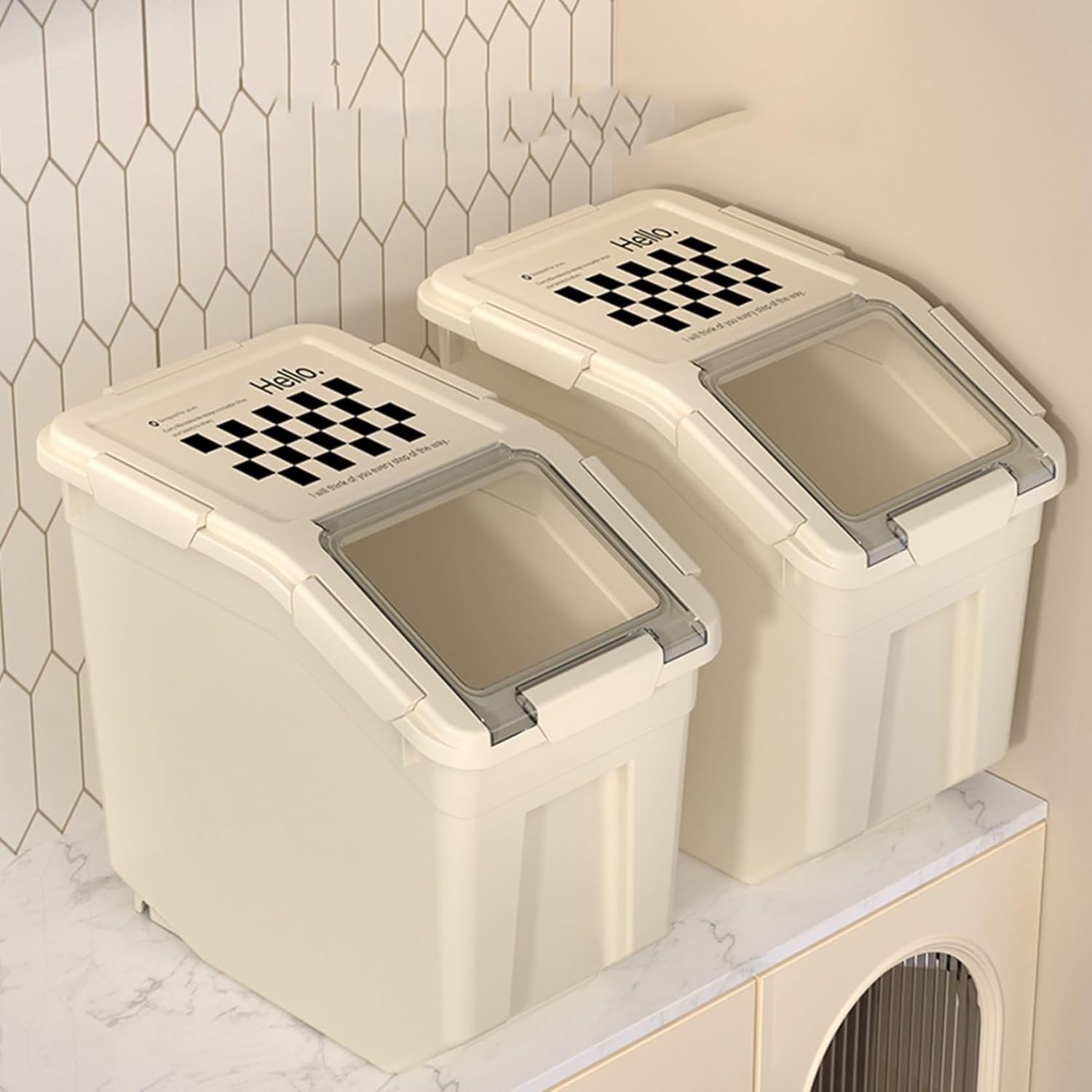 ペットフードストッカー 15kg用 38.5*24*26cm+38.5*24*34cm ホワイト ペットフード保存容器 ライスボックス 米桶 コ省スペース 餌収納 食物缶 コンテナ キャットフード ス