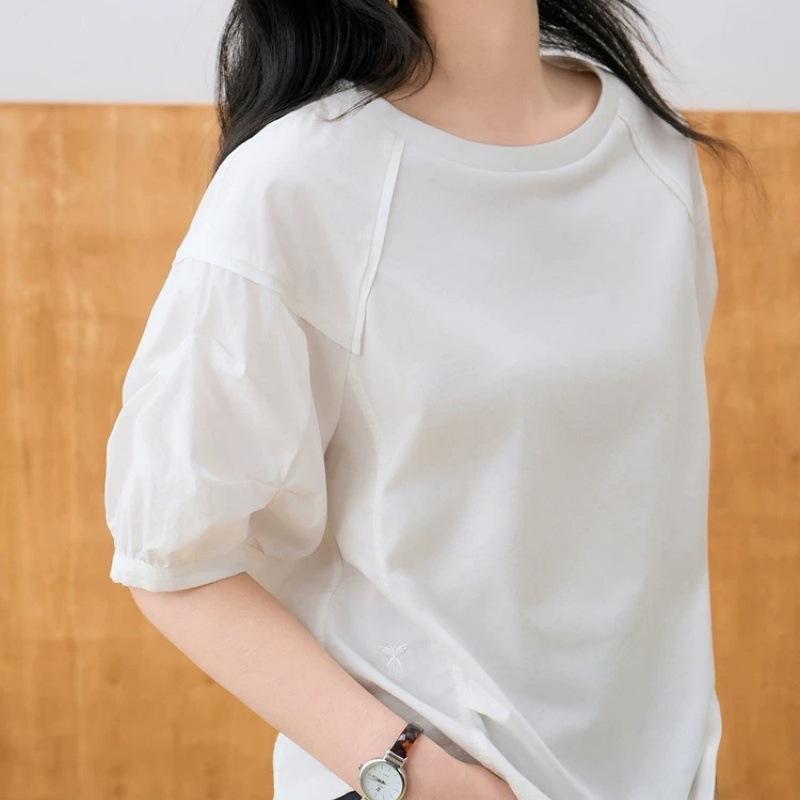 ティーシャツ 亭主もち用 夏 レディース 丸首 泡泡袖 短袖 トップス ゆったり 分かりやすい ひな形 日韓表現スタイル 混紡 綿70-80% 無地 書き割りはたご屋 うつり変わり 不対称的 短丈 40-50珊 白いこと 黒 緑 精神状態 冷やりとした 普段使い走り 心地よい 軽さ