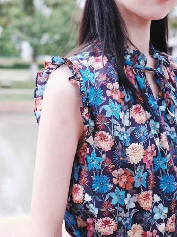 無袖 プルオーバー レディース 綿 原料品 伸縮性 立領 花柄 刷り上げる 花辺 かざり付ける 通い 表現スタイル 精神状態 青写真 夏 時節 トップス トップ 半袖 入り替わり 軽さ 冷やりとした