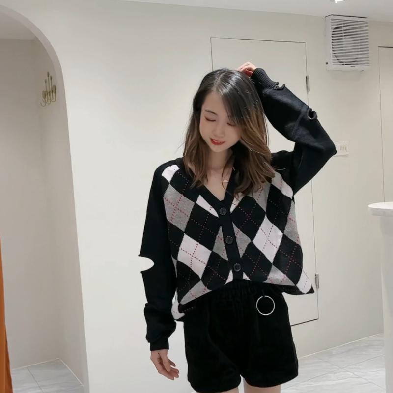 レディース 編み物 ジレー 開襟 秋冬 黒 ピン縞模様 照合のしるし柄 朦々たる 長袖 立体かざり付ける ポリエステル 広広とした影ぼうし 通い 精神状態 単排名取り草