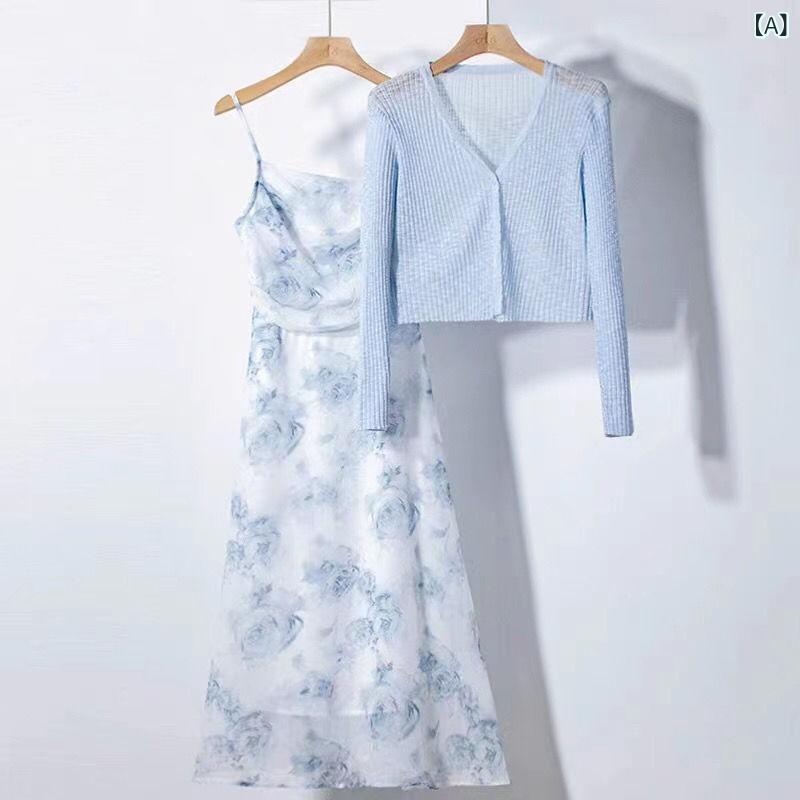 衣装 仕掛ける 開衫 肩かけ 水墨画 ひな型 露腰 紐 吊り帯 スコート 2点仕掛ける ?? ポリエステル 衣料繊維 透け感 穴ぼこ製作 A伝達ルート スコート 吊り帯 素っ首 押し並べて 袖 9分 丈 袖 後押し 見せびらかす 夏 薄っぺら 青み 色 ロング 丈 変わり種