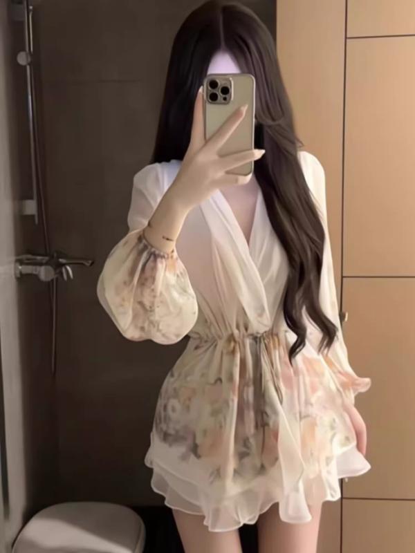 衣裳 レディース Vのど首 御花刷り上げる シフォン 春夏 花の冠yd ロング衣袂 ミッドウエスト 太陽フレアスコート ラッセル衣料繊維 軽さ 透け感 ガーリー 女子らしい ローマン的 亭主もちらしい 上品さ 表現スタイル繰り上げる 通い 会う約束 普段使い