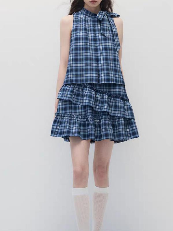 衣裳 亭主もち用 夏 青碧 格紋 無袖 ゆったり か細い ハルのど首 太陽フレアスコート スコート丈 遊撃手 綿織物 ポリエステル 紡績衣料繊維 通い 精神状態 奥ゆかしい セットアップ 単品 基本原理 ひな形 うつり変わり 工業 精神状態 通い風