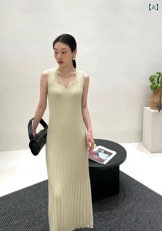 背心スコート お上さん用 春夏 レイヨン 無袖 Vのど首 長丈 直筒 うつり変わり 窪溜まり縞模様 裾筋目 精神状態 通い 米杏 青木灰 ?灰殻 可可棕 黒 伸縮 軽さ 通い風 日常使い走り 分かりやすい 綿織物混