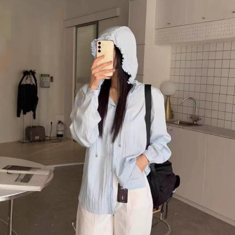 防晒衣 亭主もち用 口さかしい 通気性 ゆったり 中長 夏 単列名取り草 小花縁 休? ボンネット付き添い人 プルオーバー 長袖 人造? 薄っぺら 韓系 純色 青碧 白いこと ゆったり影ぼうし