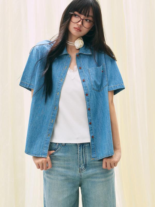 レディース プルオーバー ポロ色つや 牛仔 綿織物 100% 長袖 刺しゅう 名取り草 基本原理款 牛仔藍 日韓 心地よい 表現スタイル 返り咲き 化粧品 百搭 減齢 2025 朱夏