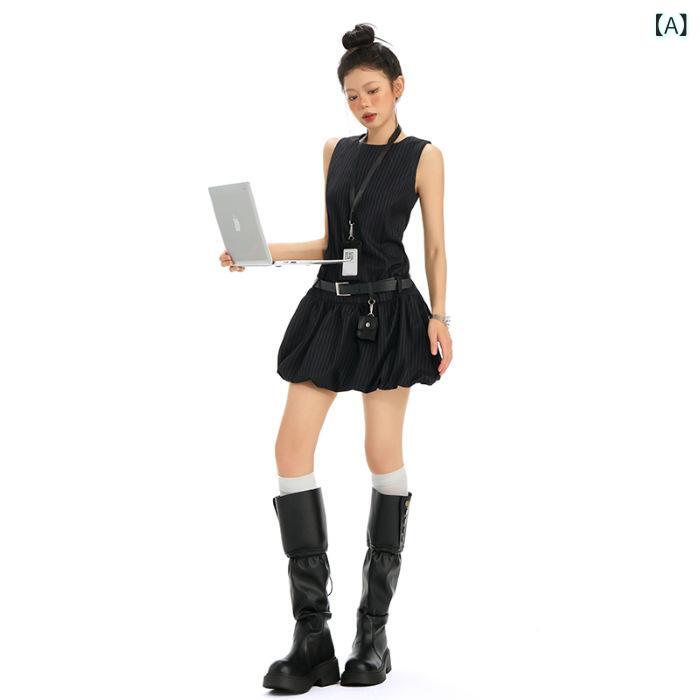 衣裳 無袖 丸首 中腰 うつり変わり 蓬蓬スコート 短丈 化繊混紡 無鉄 単品 紺 三春 根本規範款 文?返り咲き 中国風 セットアップ 配腰? 高?感 背心?衣裙 收腰 ?・覧 花苞 短裙