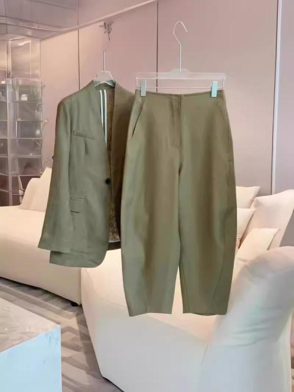 レディース 背広 セットアップ 上衣 ズボン下 麻 原料品 緑 春夏 通い 商行為 仕事服 軽さ テーラード ひな形 長袖 九分丈 ?? ポリエステル 生まれ変わり衣料繊維 95% 以上 フォーマル 一こま 普段使い走り 心地よい 表現スタイル